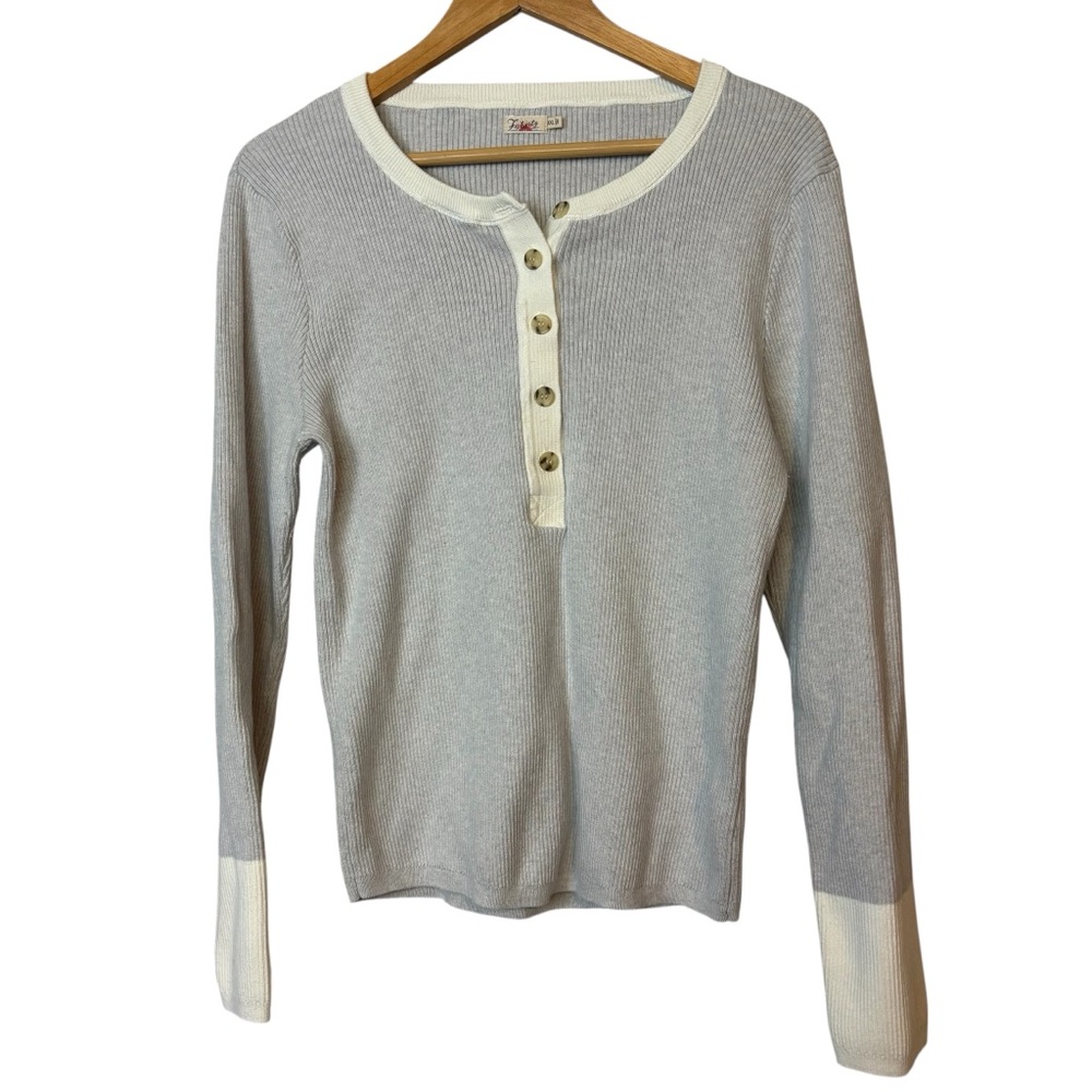 Faherty Gray and Cream Henley Crewneck Sweater